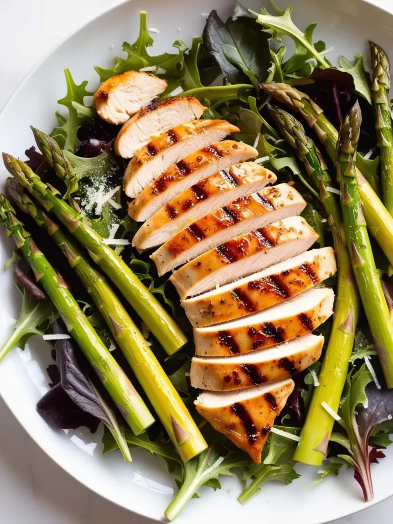 A plate of grilled chicken breast slices on a bed of mixed greens and asparagus spears. The chicken is seasoned and has grill marks, and the salad looks fresh and vibrant.