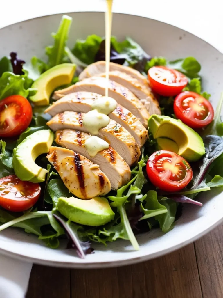 A colorful bowl filled with grilled chicken, avocado, and assorted vegetables, arranged in an appetizing and visually appealing manner