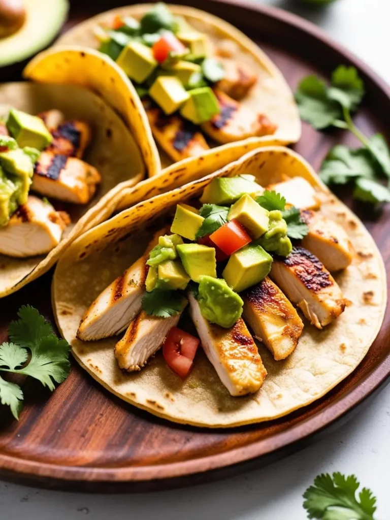 Three soft corn tortillas filled with grilled chicken, topped with avocado, tomato, and cilantro. The tacos are arranged on a wooden plate, ready to be enjoyed.