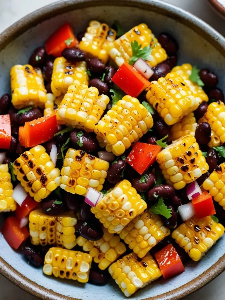 A colorful bowl of grilled corn and black bean salad, featuring charred corn kernels cut into bite-sized segments, black beans, diced red bell pepper, red onion pieces, and sprigs of fresh cilantro. The salad is seasoned with visible specks of black pepper and garnished for a vibrant, fresh presentation.