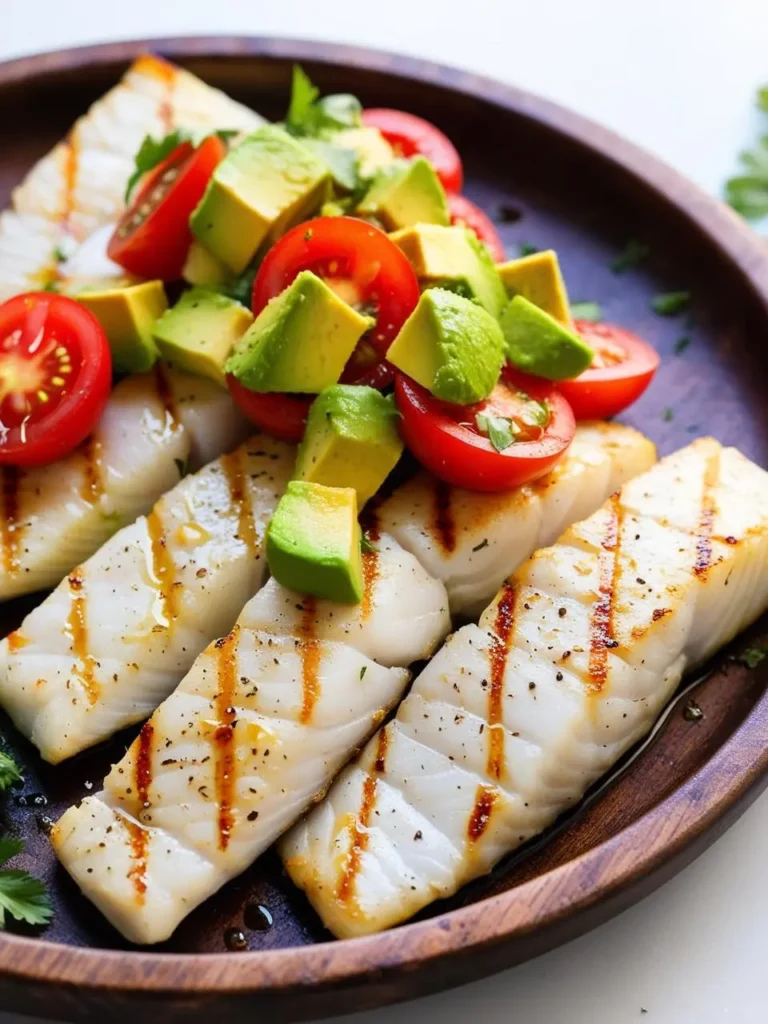 A plate of grilled halibut topped with vibrant tomato avocado salsa, surrounded by fresh ingredients and herbs