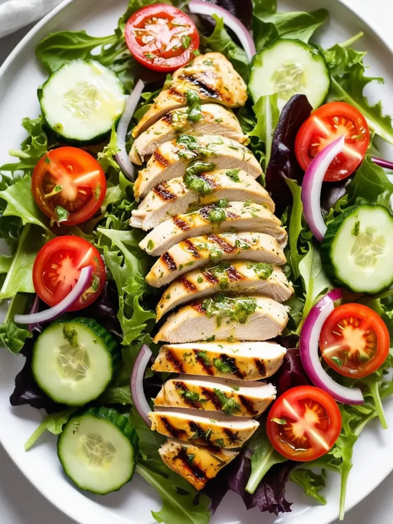 A plate of grilled chicken salad with mixed greens, tomatoes, cucumbers, and red onion.