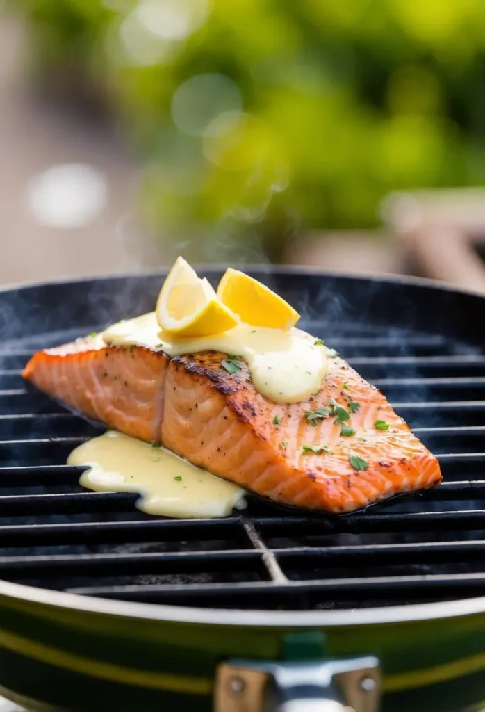 A sizzling salmon fillet topped with lemon butter sauce on a hot grill