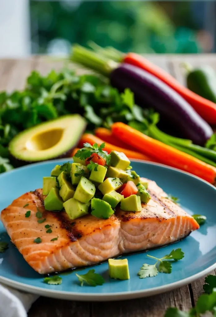 A plate of grilled salmon topped with vibrant avocado salsa, surrounded by colorful vegetables and herbs