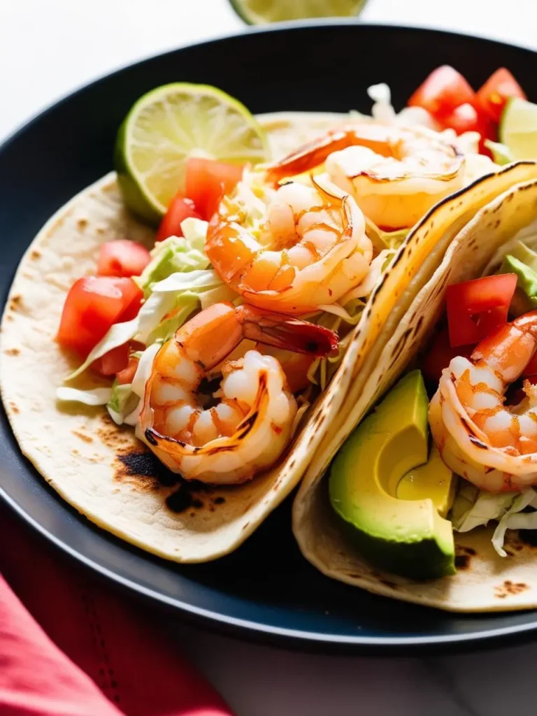 Two soft tortillas filled with grilled shrimp, topped with cabbage, tomato, and avocado. The tacos are arranged on a black plate, ready to be enjoyed.