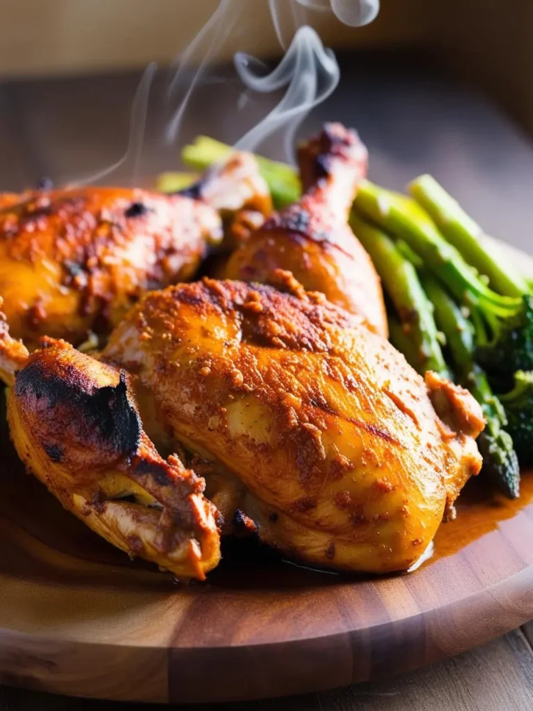 A plate of juicy, golden-brown roasted chicken with a side of steamed asparagus and broccoli. The chicken looks flavorful and tender, perfect for a weeknight dinner.