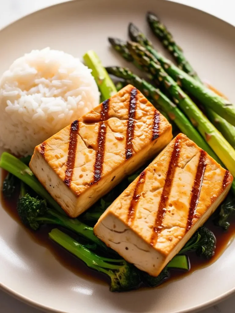 A plate of tofu with a side of rice and asparagus.