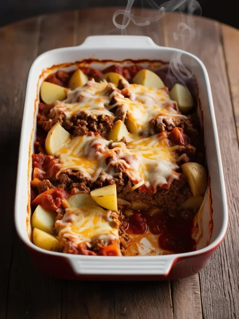 A steaming hot dish of ground beef and potatoes topped with melted cheese. The dish looks hearty and comforting, perfect for a cold winter night.