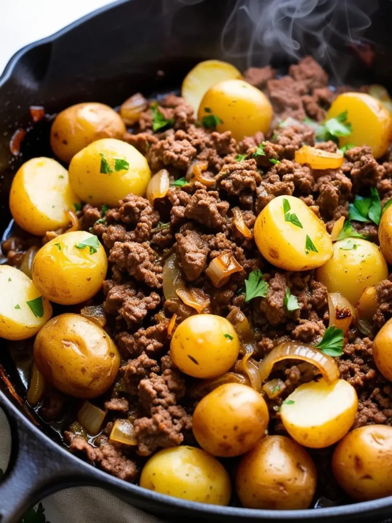 A sizzling skillet filled with a comforting one-pot meal. Tender ground beef is cooked with golden potatoes and onions, creating a hearty and flavorful dish. Steam rises from the skillet, adding to the visual appeal.