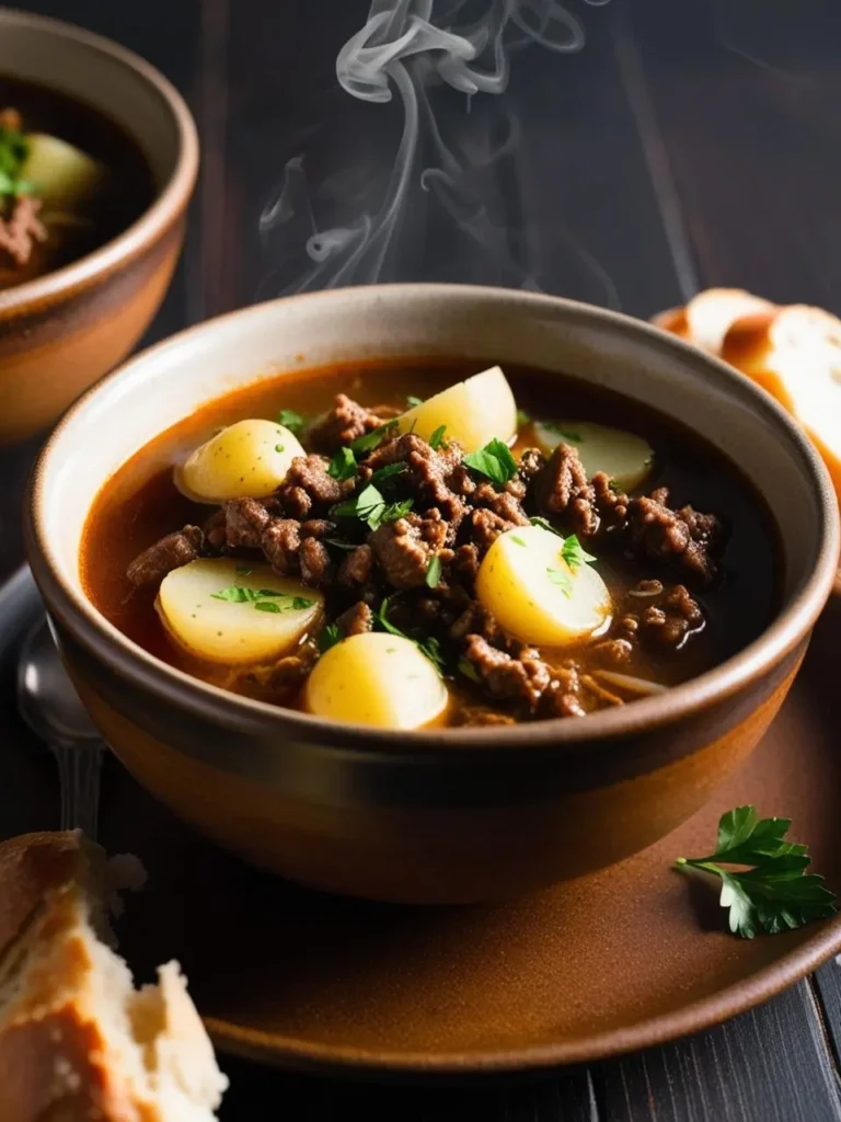 A steaming bowl of hearty beef and potato soup, garnished with fresh parsley. The soup looks warm and comforting, perfect for a chilly day.