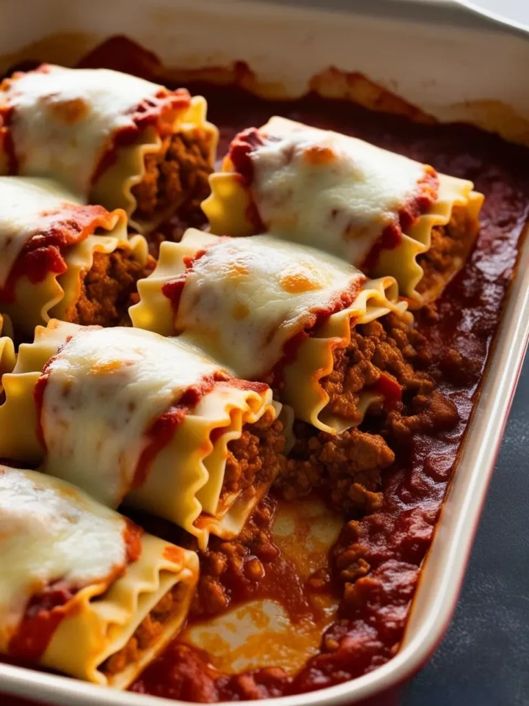 A baking dish filled with lasagna rolls, each filled with a meaty filling and topped with melted mozzarella cheese. The rolls are nestled in a rich marinara sauce.