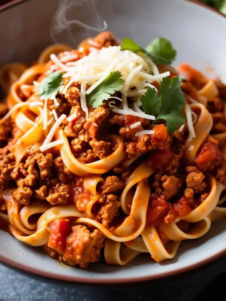 A steaming bowl of fettuccine pasta tossed in a rich tomato sauce with ground meat, topped with grated cheese and fresh cilantro. The pasta looks delicious and flavorful.