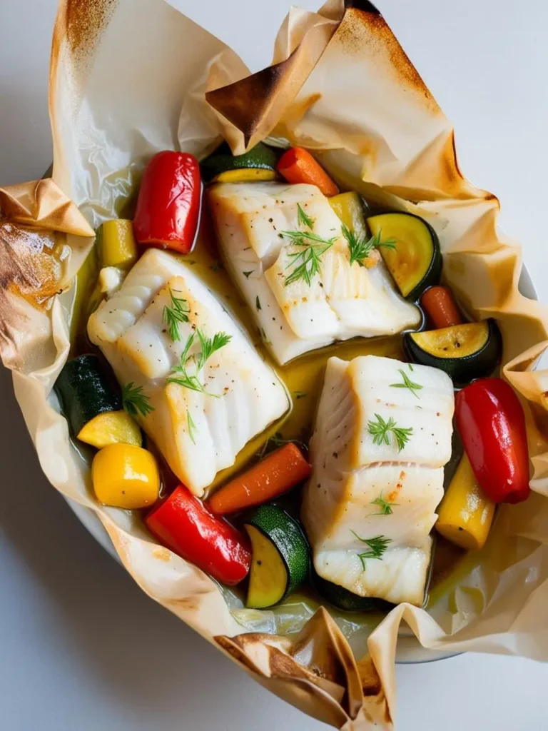 Halibut en papillote with fresh vegetables, including zucchini, bell peppers, and carrots, baked in parchment paper. The fish is delicately garnished with fresh herbs, creating a colorful and aromatic presentation.