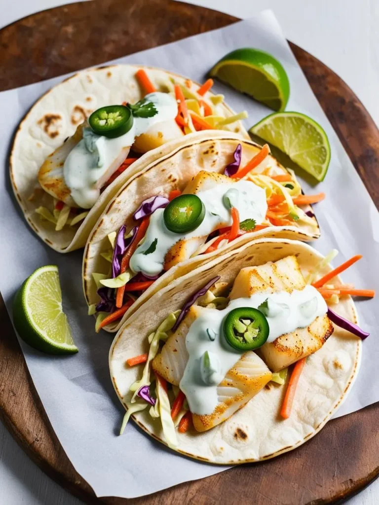 A colorful plate of halibut tacos topped with spicy slaw, surrounded by vibrant ingredients and garnishes