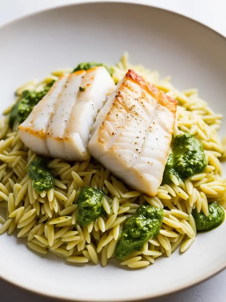 A plate of seared halibut fillets served on a bed of orzo pasta, garnished with dollops of vibrant green pesto. The halibut has a light golden crust, and the dish is presented on a simple, elegant white plate.