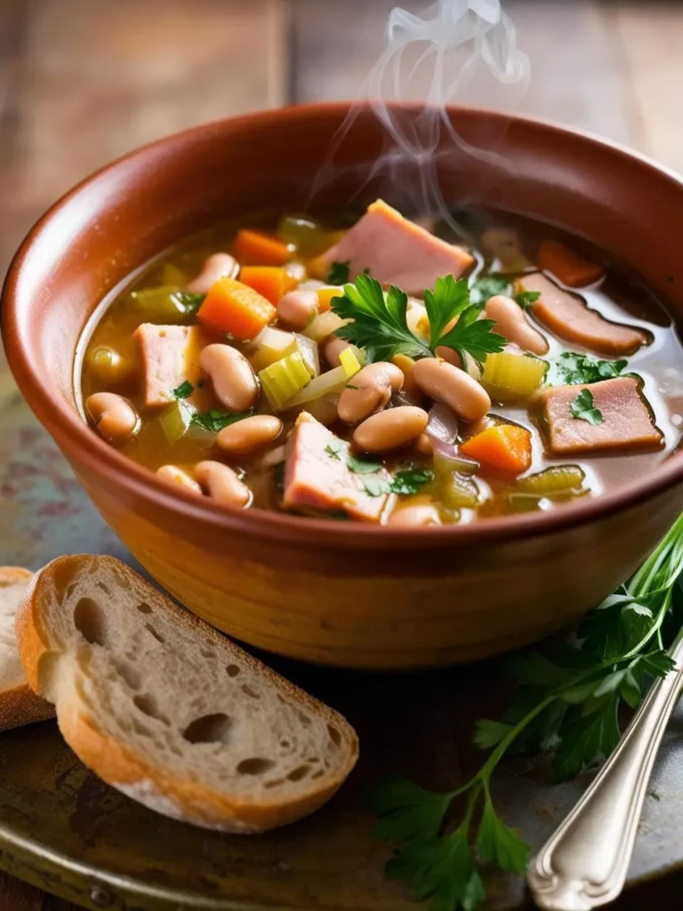 A steaming bowl of hearty ham and bean soup, filled with tender beans, chunks of ham, and vegetables. The soup is garnished with fresh parsley and served with slices of crusty bread.