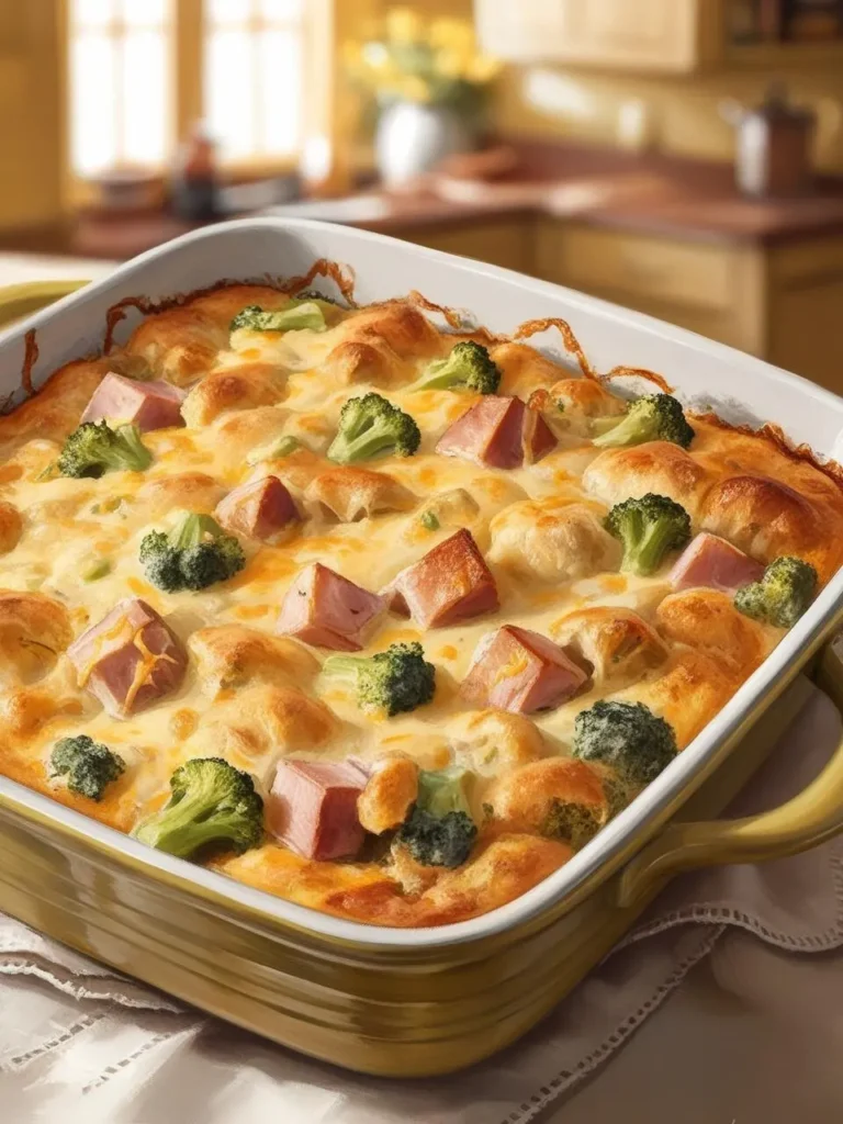 A golden-brown casserole dish filled with a cheesy, creamy mixture of ham, broccoli, and biscuit dough. The casserole looks delicious and comforting, perfect for a family meal.