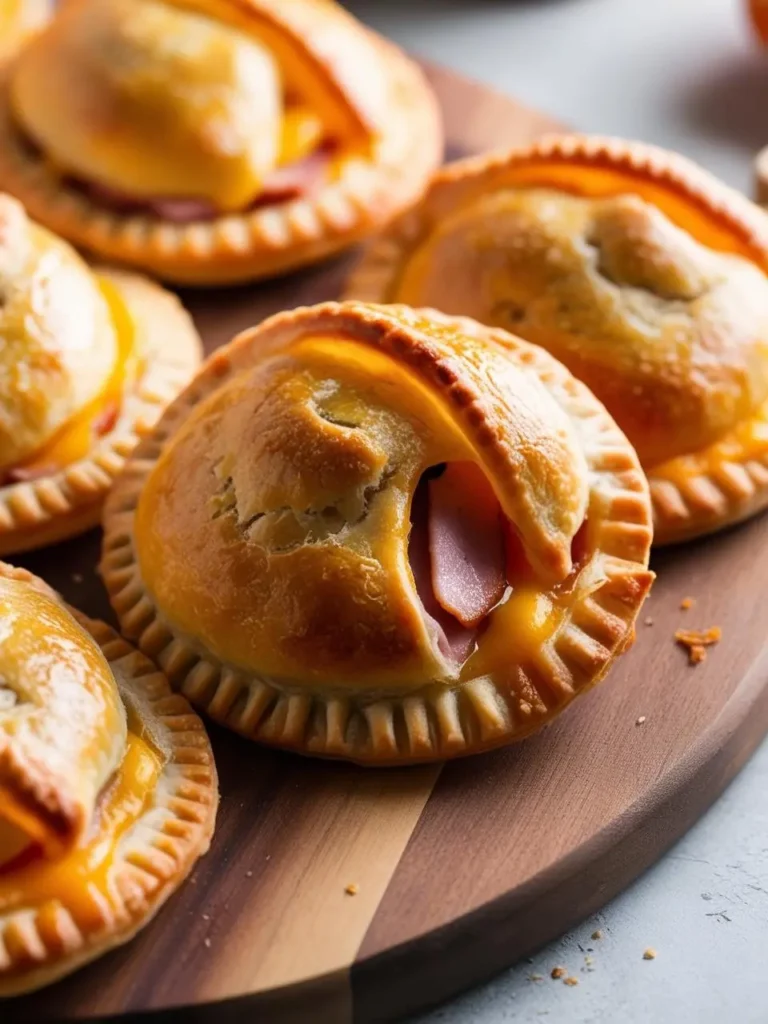 A close-up of golden brown ham and cheese hand pies on a wooden board.