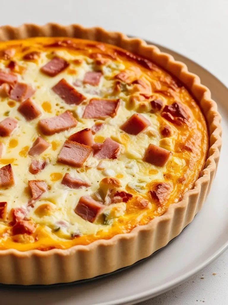 A golden-brown quiche with a flaky crust, filled with a creamy egg custard and topped with diced ham. The quiche looks delicious and ready to be enjoyed.