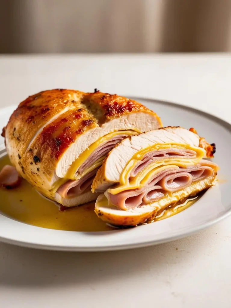 A golden-brown stuffed chicken breast, sliced open to reveal layers of melted cheese and ham. The chicken is resting on a white plate with a pool of golden sauce.