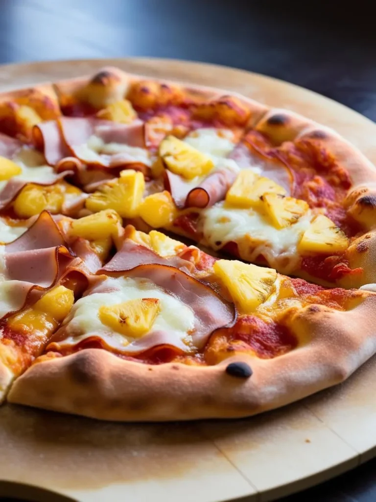 A close-up image of a Hawaiian pizza with ham, pineapple, and melted cheese on a wooden board. The pizza looks delicious and ready to eat.