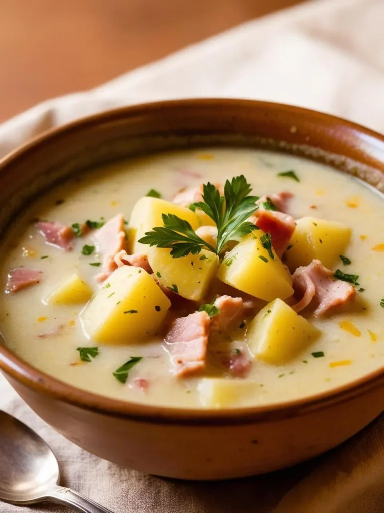 A bowl of creamy ham and potato soup, garnished with fresh parsley. The soup looks warm and comforting, perfect for a chilly day.