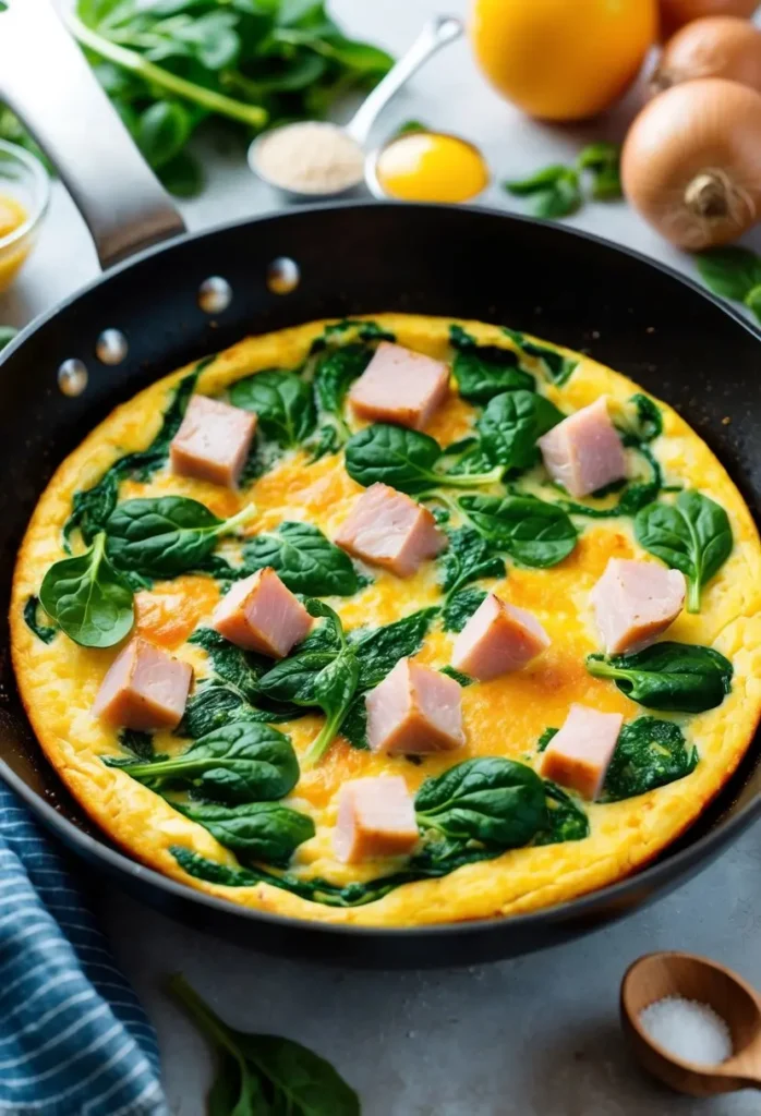 A sizzling frittata in a hot skillet, filled with chunks of savory ham and vibrant green spinach, surrounded by fresh ingredients and kitchen utensils