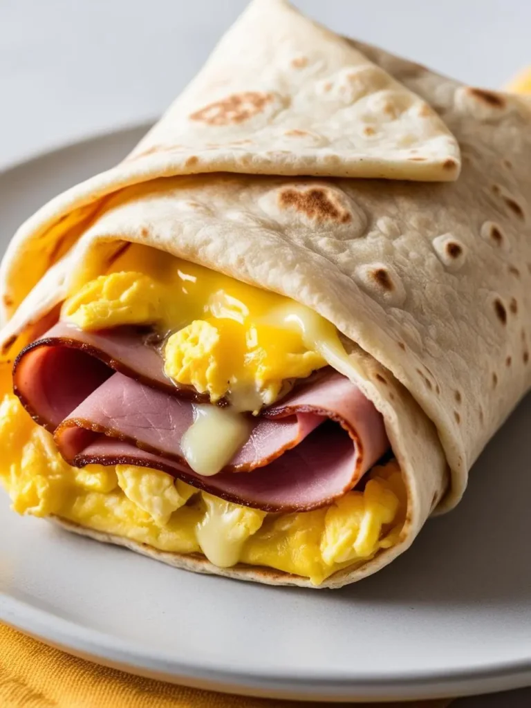 A savory breakfast burrito filled with scrambled eggs, slices of smoky ham, and melted Swiss cheese, all wrapped in a soft, toasted tortilla. The creamy, gooey cheese blends perfectly with the rich, hearty filling, creating a comforting and satisfying meal. Served on a white plate, ideal for a classic morning bite.