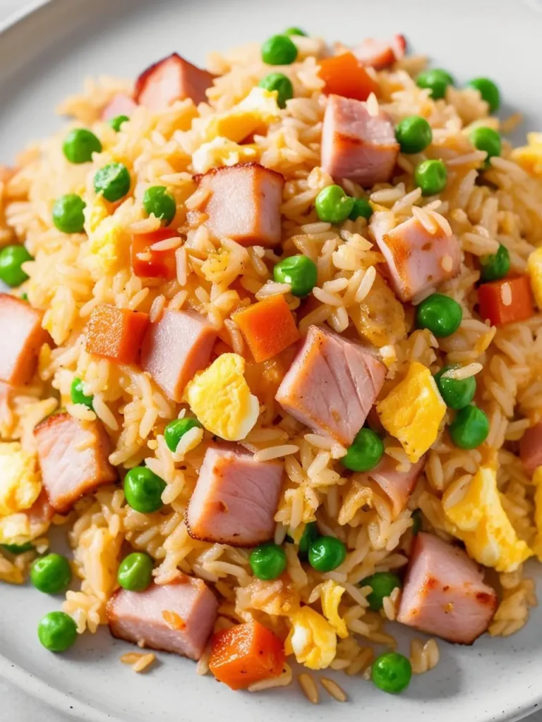 A plate of delicious ham fried rice, with fluffy rice, savory ham, colorful vegetables, and scrambled eggs. The dish looks perfectly cooked and ready to be enjoyed.