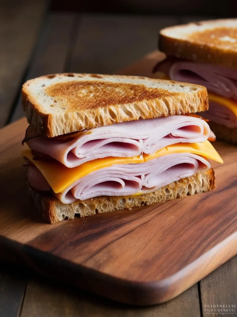 A close-up image of a grilled ham and cheese sandwich on a wooden cutting board. The sandwich is cut in half, revealing layers of melted cheese and ham between two slices of toasted bread.