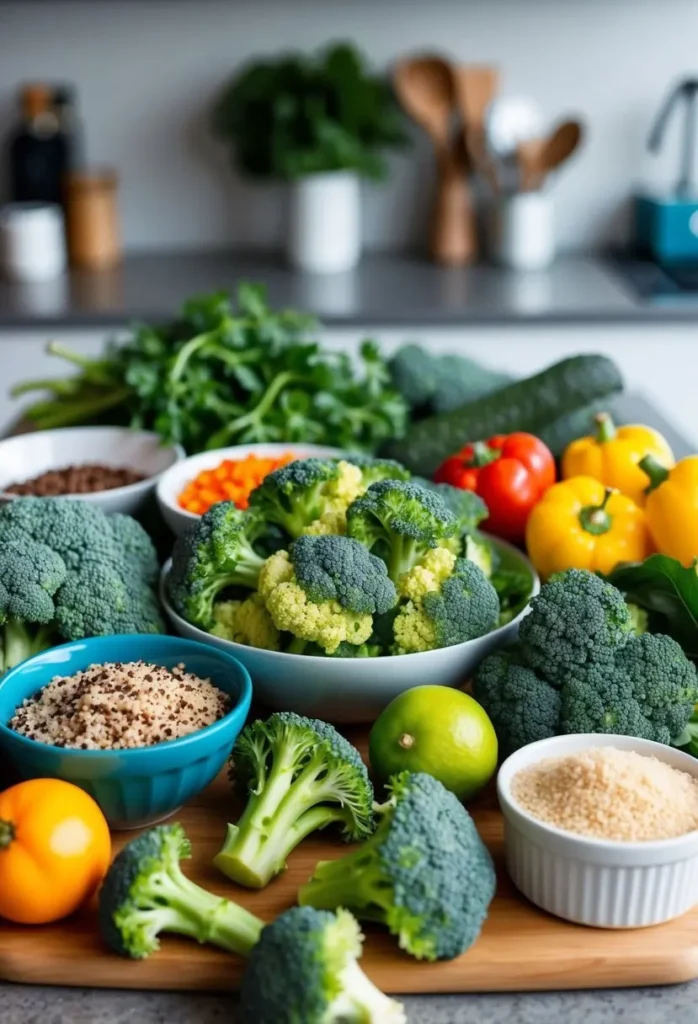 A colorful array of fresh broccoli florets and vibrant casserole dishes arranged on a rustic wooden table