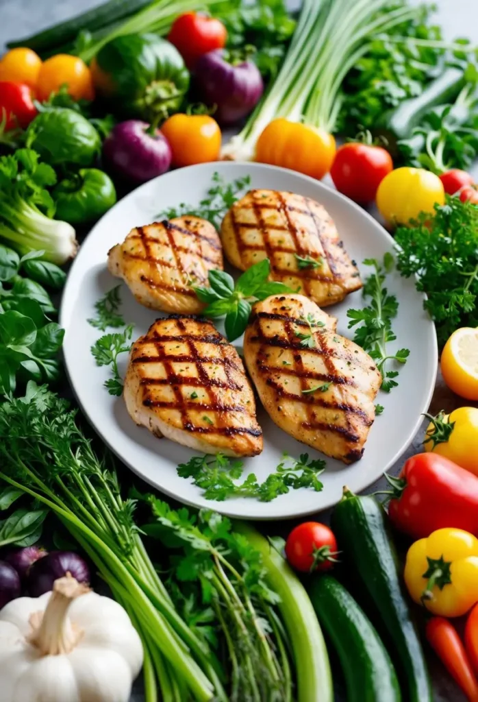 A colorful array of fresh vegetables and herbs surround a platter of perfectly grilled chicken breasts, showcasing the health benefits and versatility of this lean protein