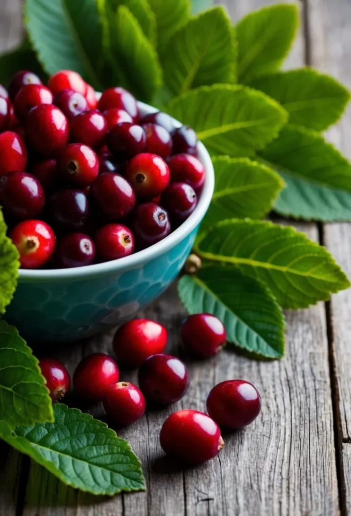 A bowl of fresh cranberries surrounded by vibrant green leaves, with a few cranberries spilling out onto a rustic wooden table