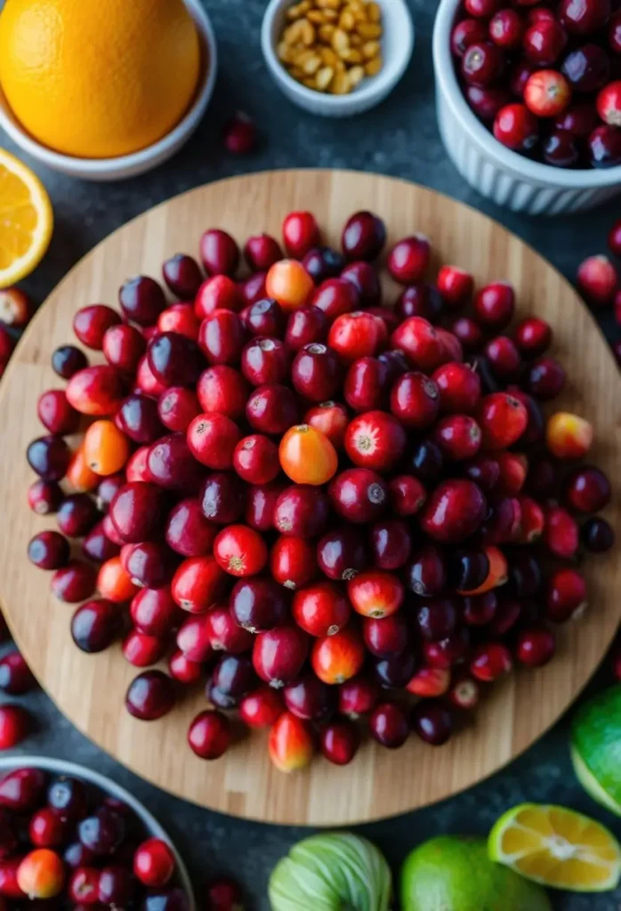 A vibrant assortment of fresh cranberries arranged on a wooden cutting board, surrounded by various other colorful fruits and ingredients