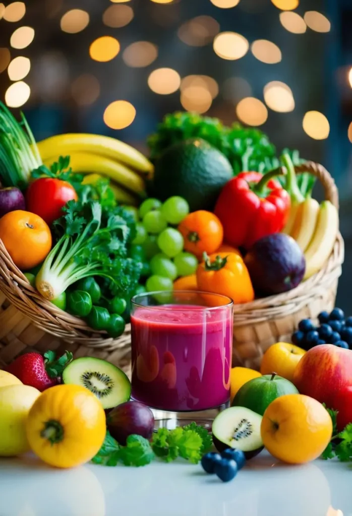 A colorful array of fruits and vegetables arranged around a glass of vibrant detox juice, with fresh produce spilling out of a woven basket