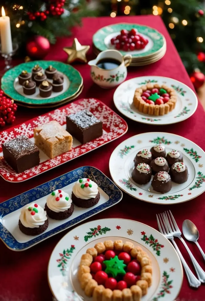 This image shows a festive Christmas table set with an array of holiday treats. It includes beautifully decorated desserts such as cupcakes with white frosting and holly decorations, chocolate truffles topped with sprinkles, chocolate squares dusted with powdered sugar, and a wreath-like tart adorned with red and green candies.