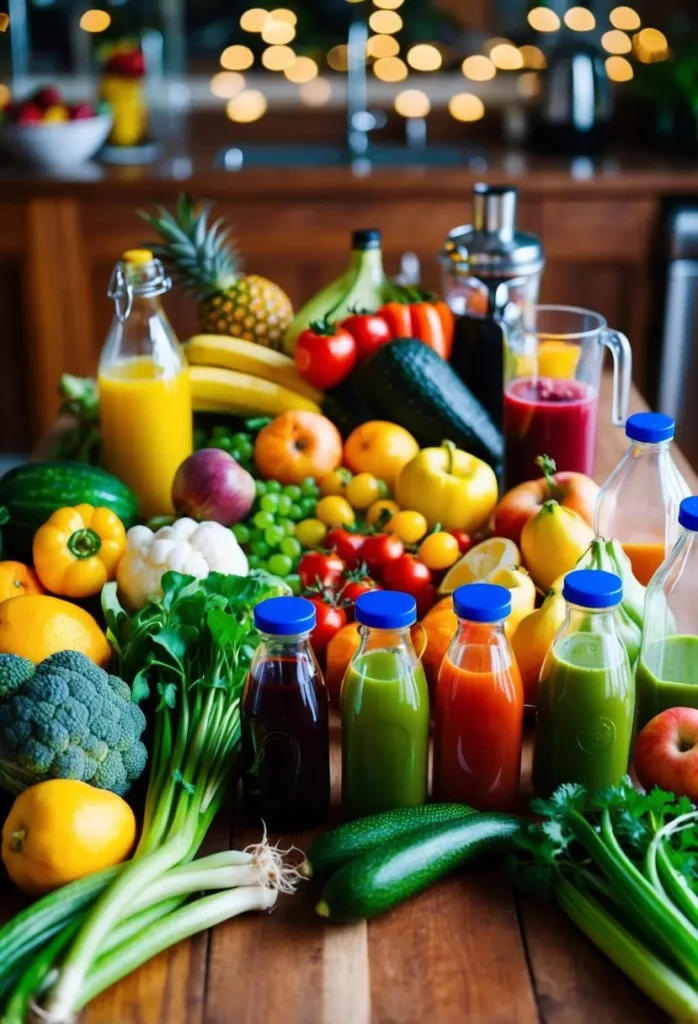 A colorful array of fresh fruits and vegetables, neatly arranged on a wooden table, with a variety of juicing equipment and glass bottles ready for use