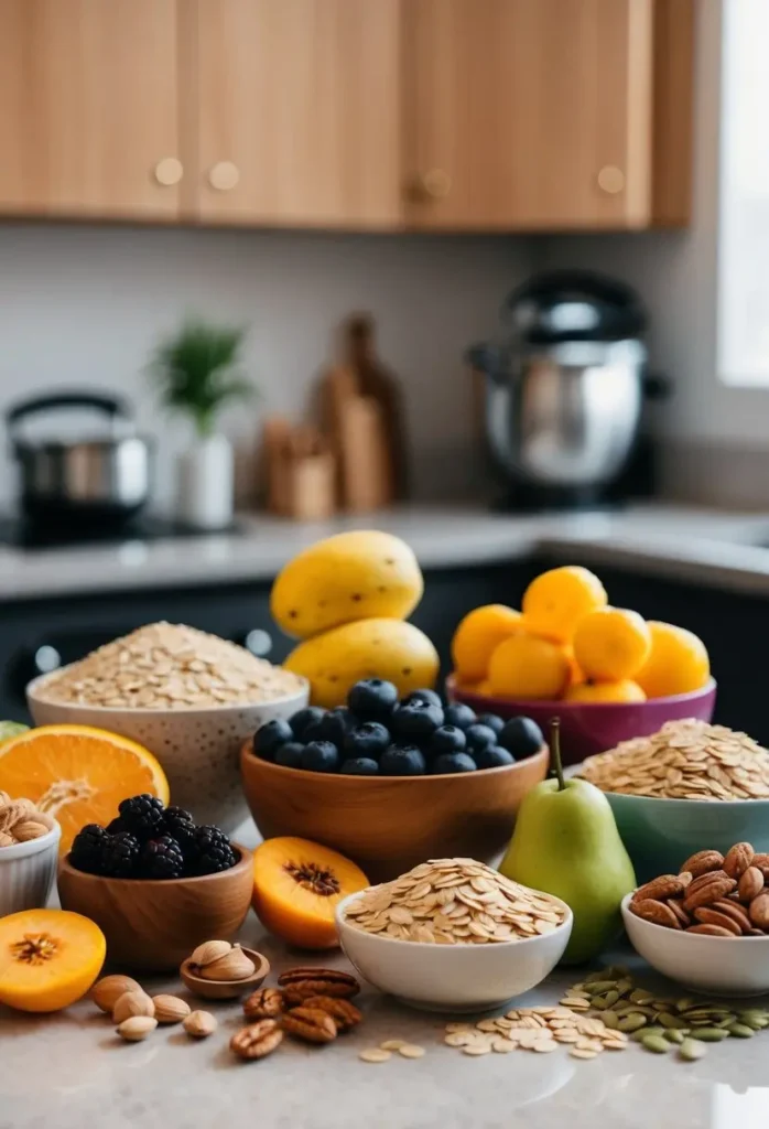 A kitchen countertop filled with bowls of healthy ingredients, including oats, fresh blueberries, blackberries, sliced oranges, peaches, and assorted nuts. In the background, there is a blurred view of kitchen appliances and wooden cabinets. The scene highlights nutritious breakfast components that can be used for oatmeal recipes.