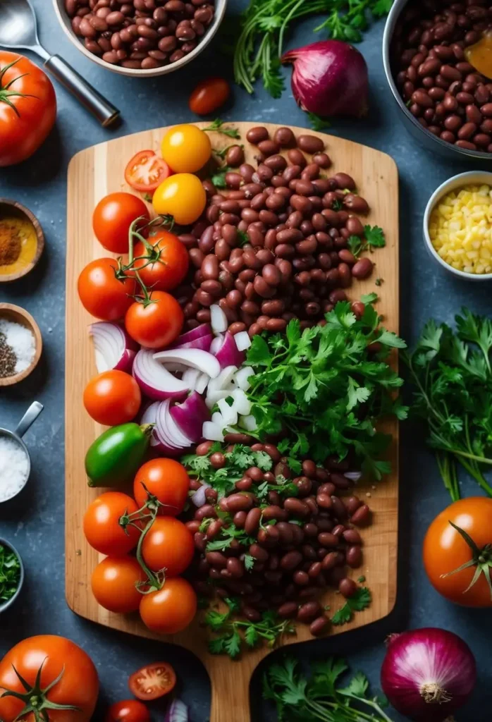 A colorful array of pinto beans, tomatoes, onions, and herbs on a wooden cutting board, surrounded by various cooking utensils and recipe ingredients