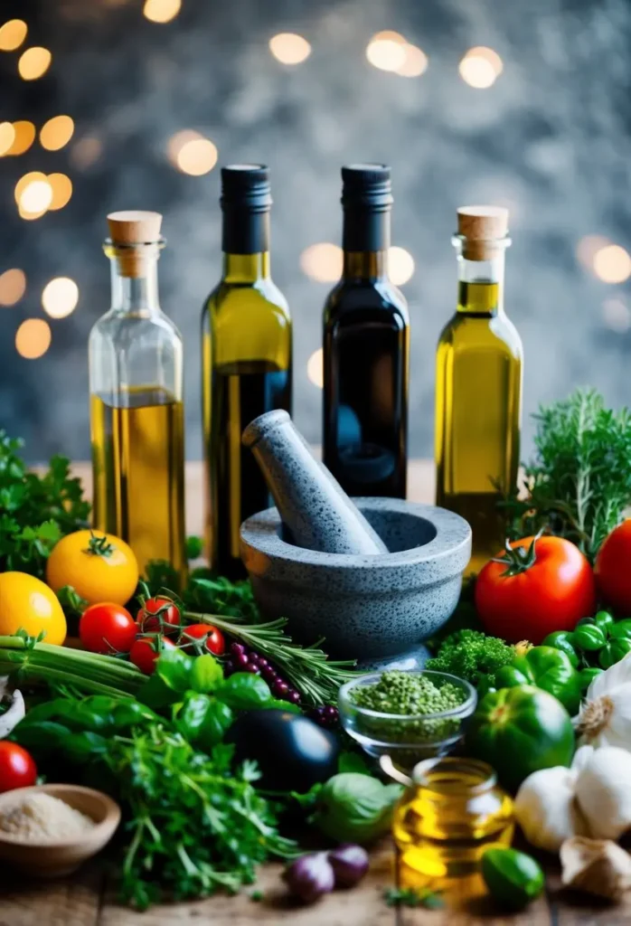 A colorful array of fresh ingredients and herbs, surrounded by bottles of olive oil and vinegar, with a mortar and pestle for mixing