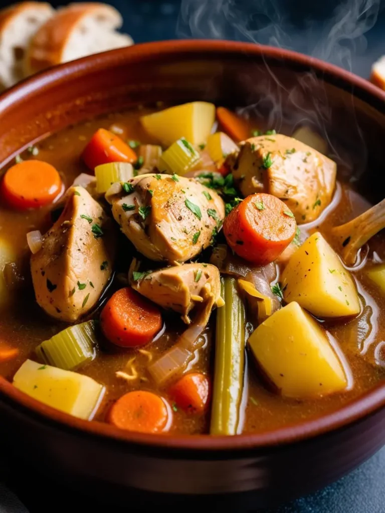 Steaming bowl of hearty chicken stew filled with tender chicken chunks, carrots, celery, potatoes, and onions, garnished with fresh herbs. A comforting and flavorful dish perfect for cozy meals