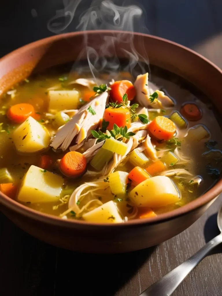 A steaming bowl of chicken noodle soup with carrots, potatoes, and celery, garnished with fresh thyme. The soup looks comforting and perfect for a cold day.