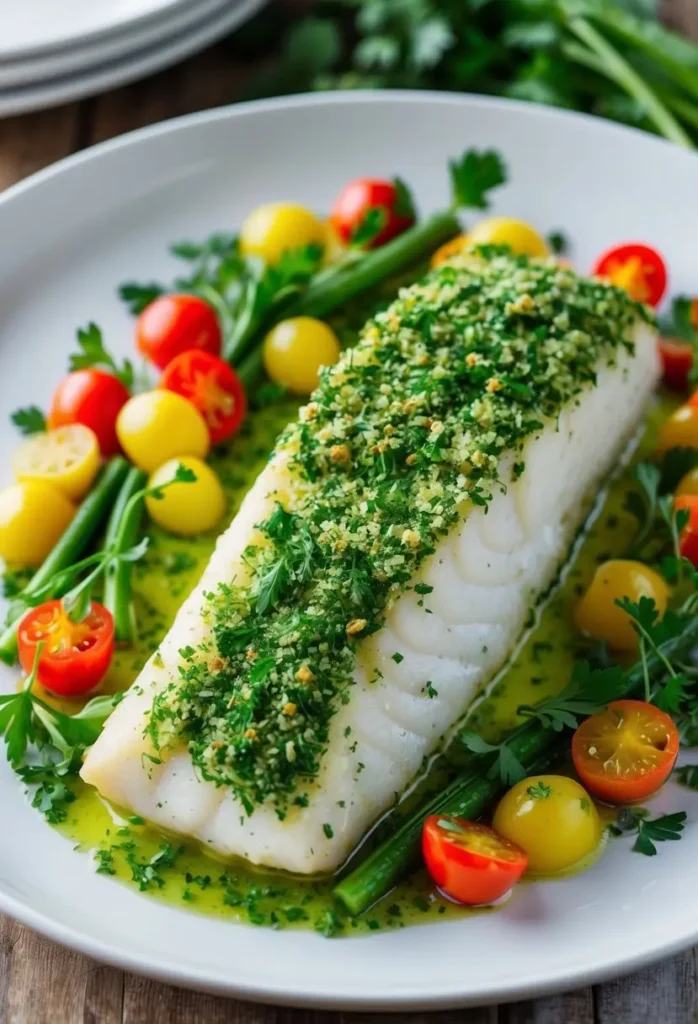 A halibut fillet covered in a vibrant green herb crust, surrounded by colorful vegetables and herbs on a clean white plate