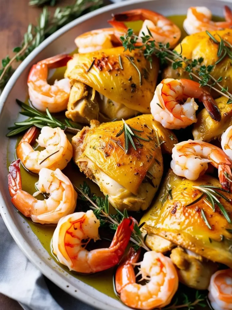 A platter of golden-brown roasted chicken thighs and shrimp, garnished with fresh herbs like rosemary and thyme. The dish looks incredibly appetizing and flavorful.
