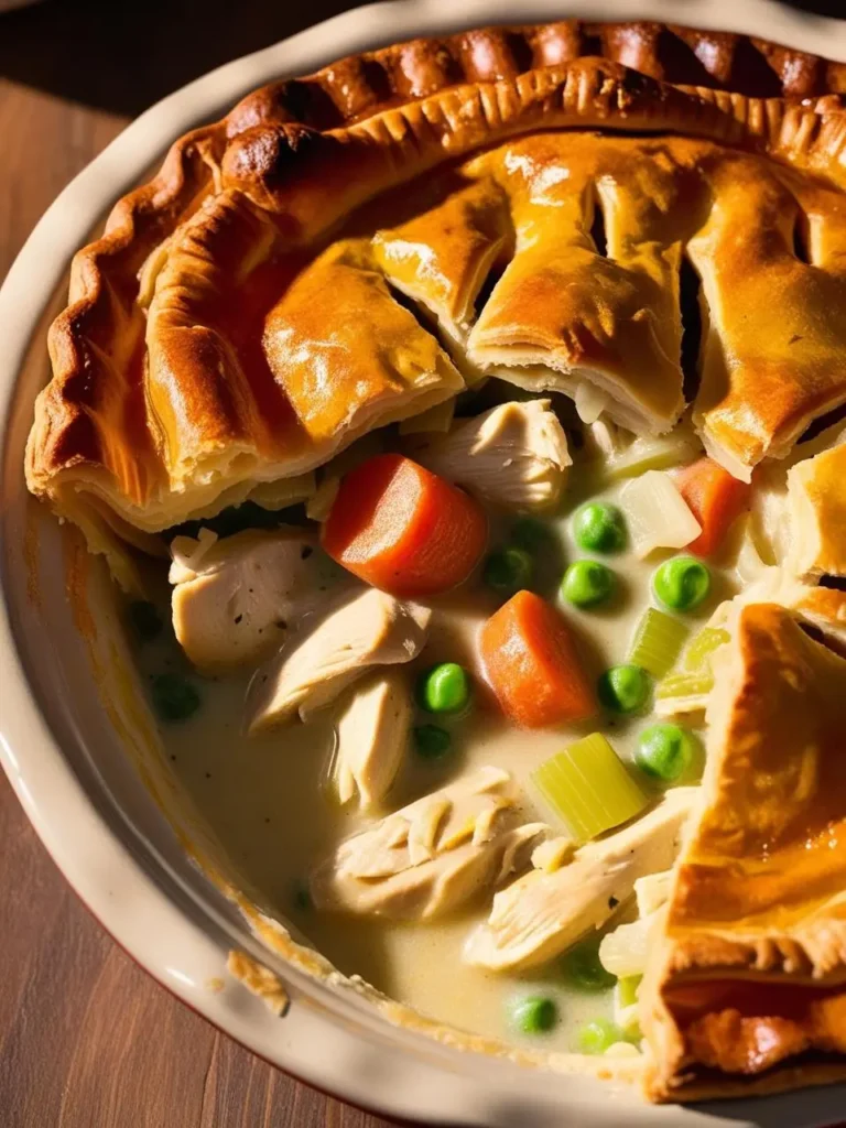 A golden-brown chicken pot pie with a flaky crust, filled with a creamy chicken, vegetable, and herb filling. The pie is sliced open, revealing the delicious interior.