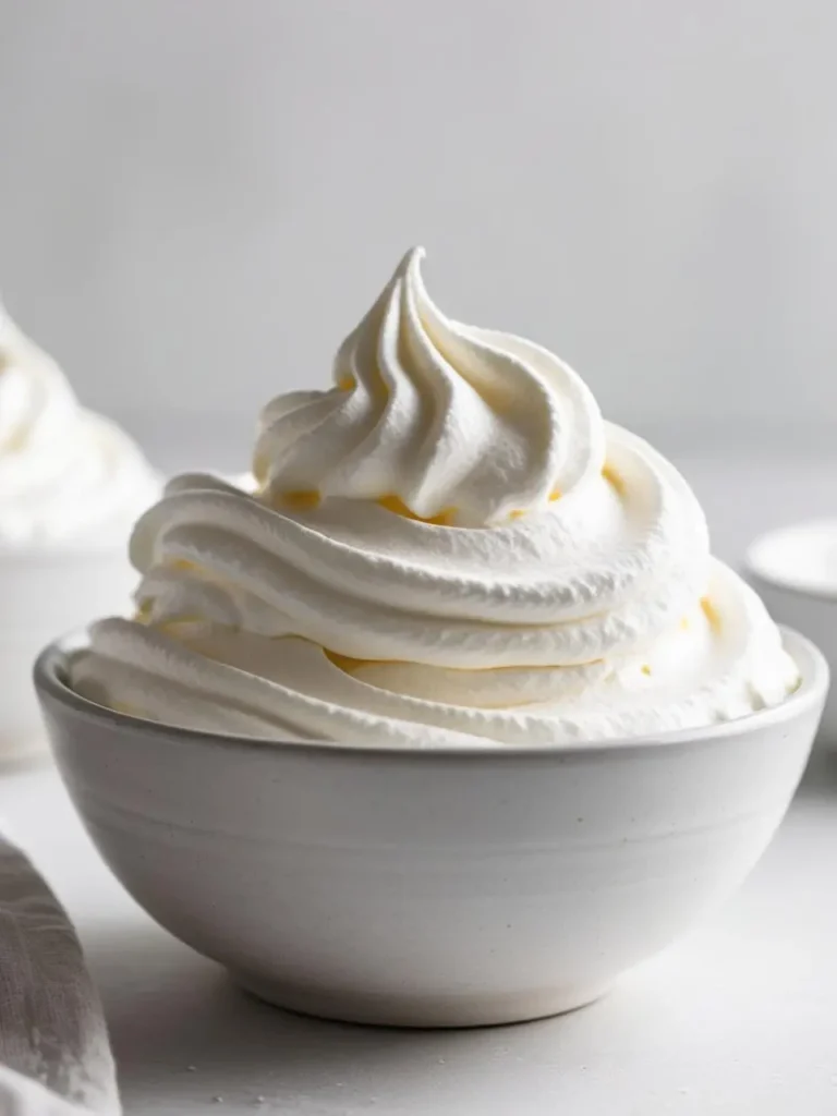 This is an image of a bowl of freshly made whipped cream with a perfectly piped swirl on top. The whipped cream is fluffy, smooth, and light, set against a neutral background for a clean and simple presentation.