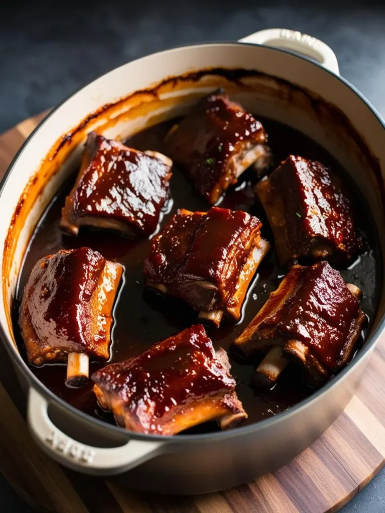 A large, oval-shaped Dutch oven filled with tender honey balsamic short ribs, glistening in a rich, dark glaze. The ribs are perfectly arranged and coated with a caramelized sauce, creating a mouthwatering shine. The edges of the pot have a baked-on sauce, adding a rustic touch to the presentation. 