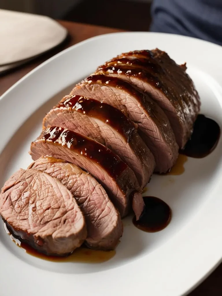 A perfectly roasted sirloin tip roast, sliced and served on a white plate. The roast is glazed with a rich, dark sauce and looks incredibly appetizing. The meat is juicy and tender, and the sauce adds a delicious flavor.