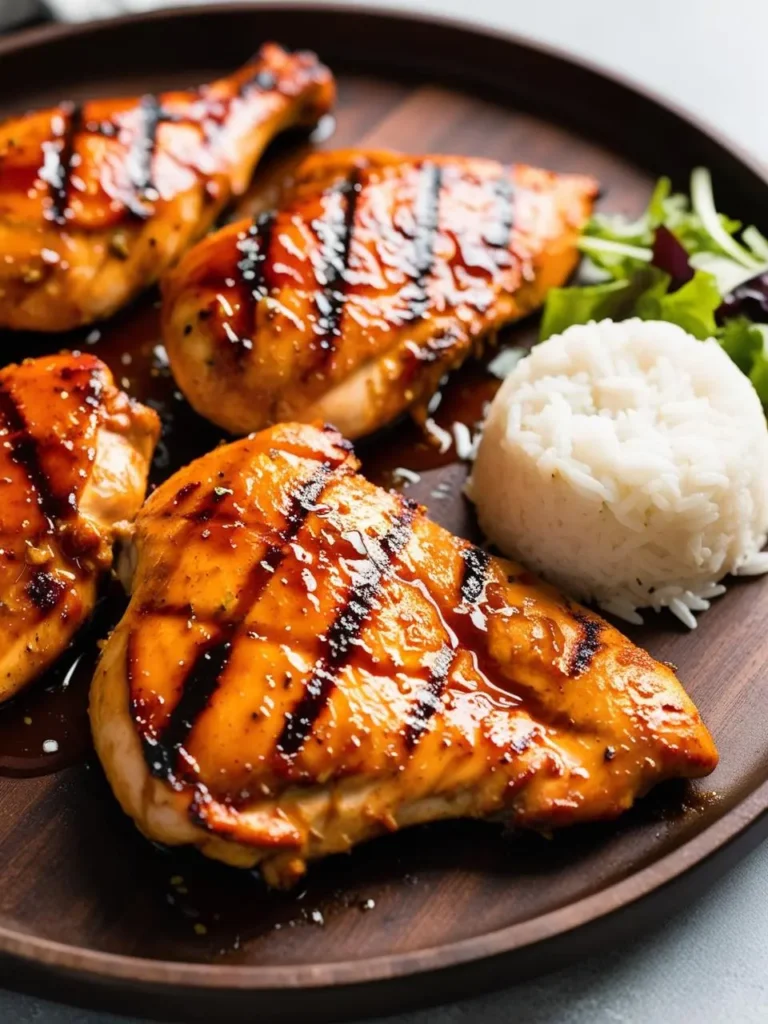 A close-up photo of a plate of grilled chicken breasts. The chicken is glazed with a sweet and savory sauce and has grill marks on it. There is also a side of rice and a small salad on the plate.