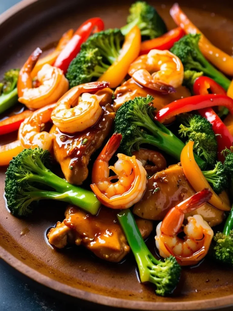 A plate of teriyaki shrimp and chicken stir fry with broccoli and bell peppers. The dish looks vibrant and flavorful, with juicy shrimp and tender chicken coated in a sweet and savory teriyaki glaze.